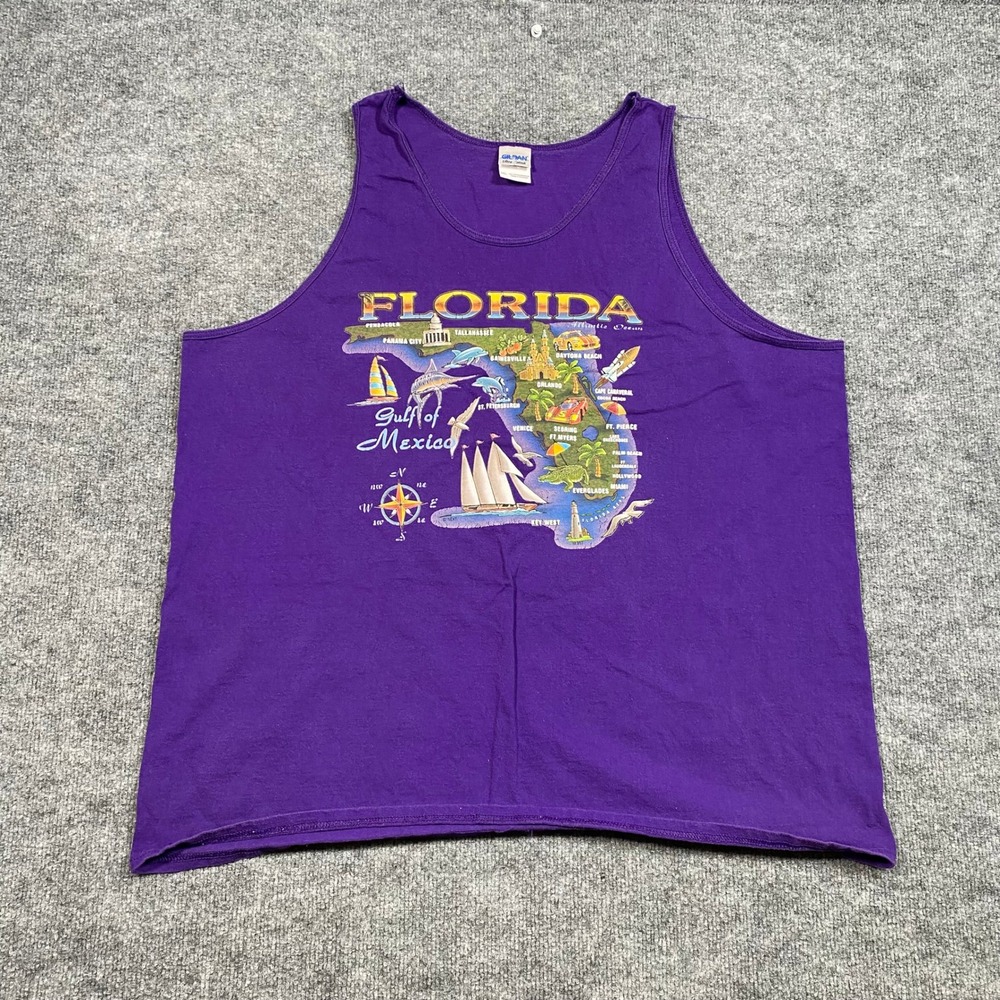 Gildan Florida Map Graphic Tank Top Mens 2XL Purple Cotton Souvenir Sleeveless